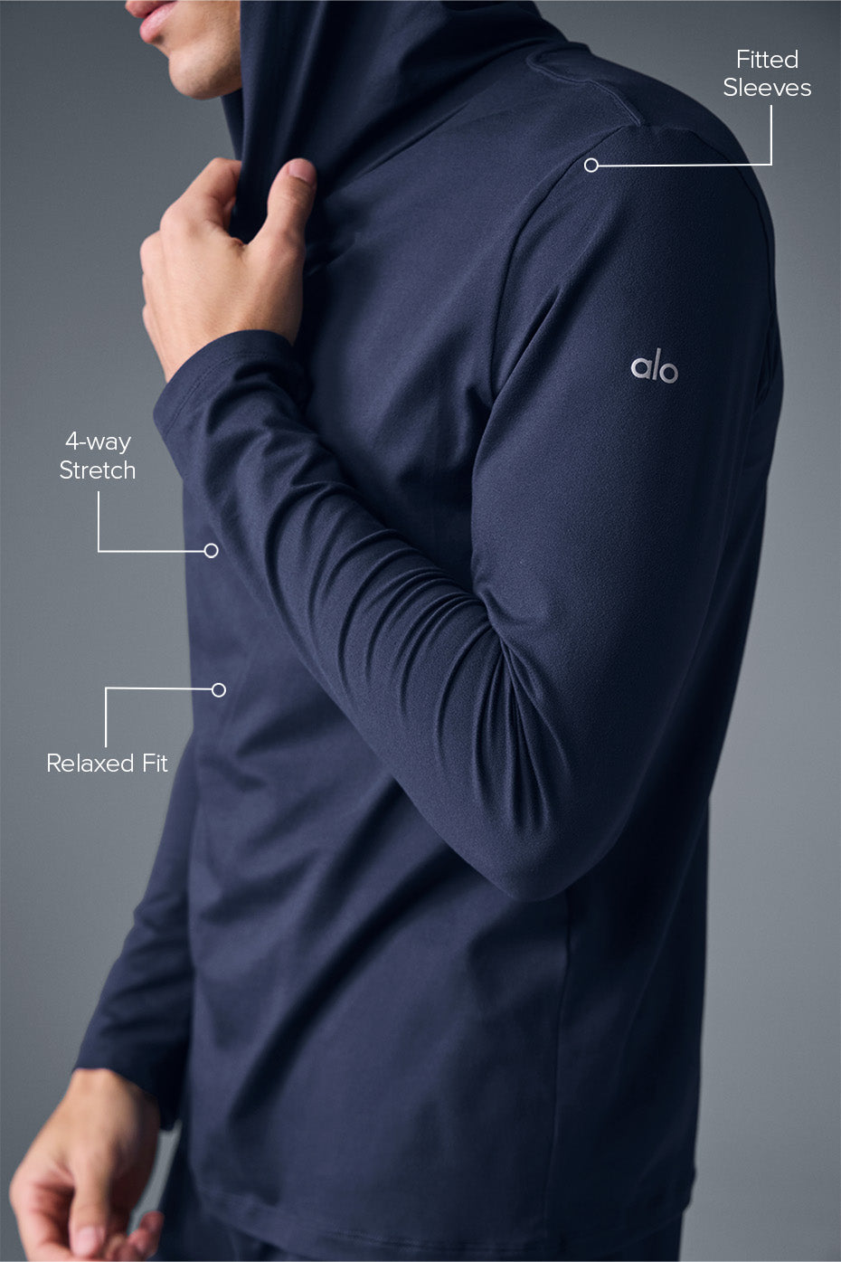 Side view showcasing the lightweight design of the long sleeve hoodie.
