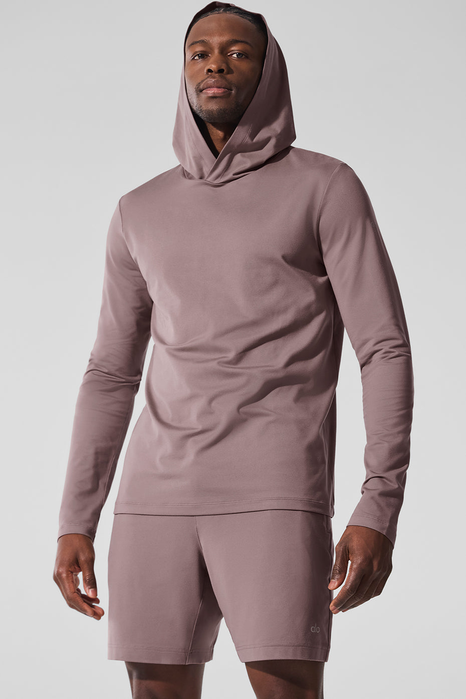Front view of moisture wicking hoodie in mushroom color ideal for training.