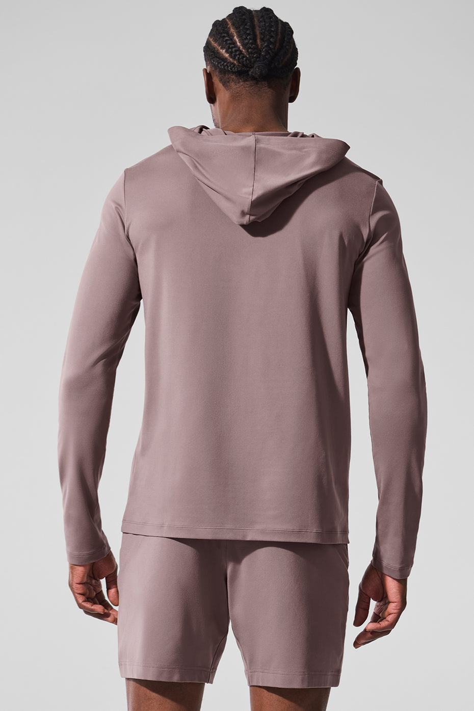 Back view of moisture wicking hoodie highlighting the lightweight fabric.