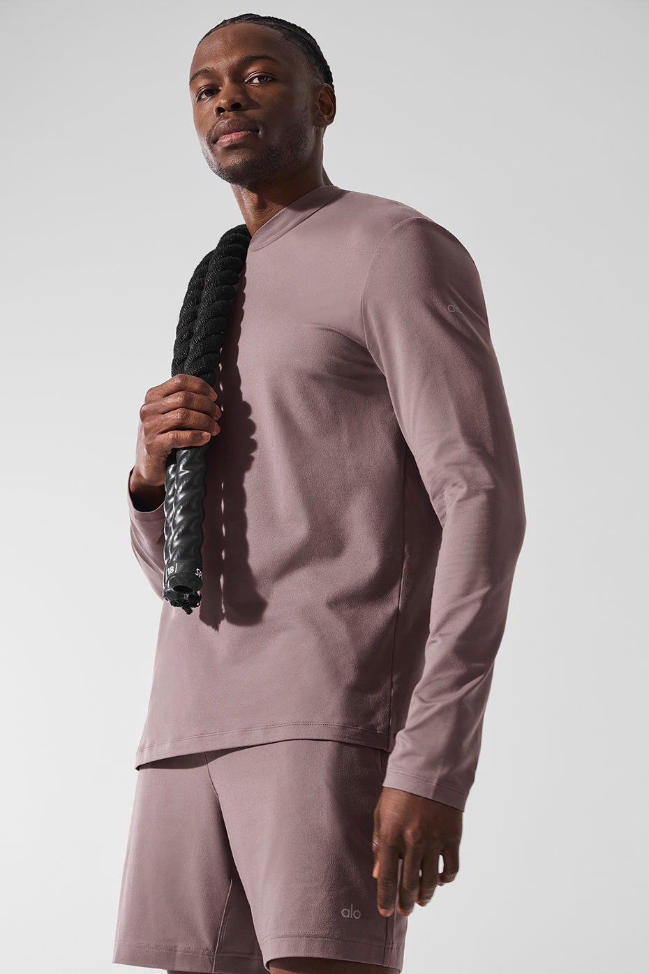 Front view of moisture wicking hoodie in mushroom color ideal for training.