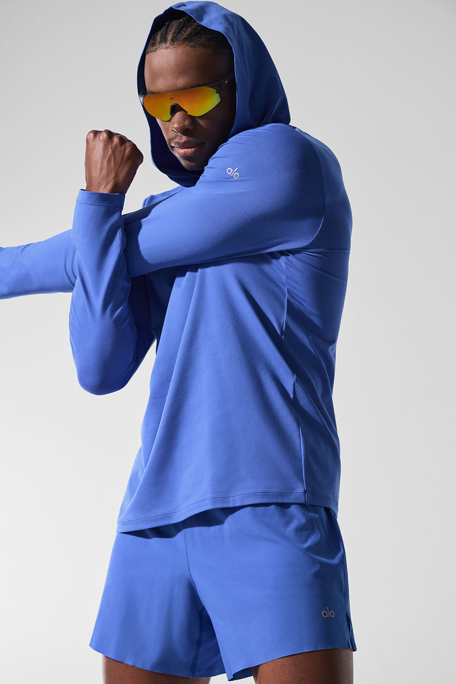 Close-up of moisture-wicking fabric texture on long sleeve performance hoodie