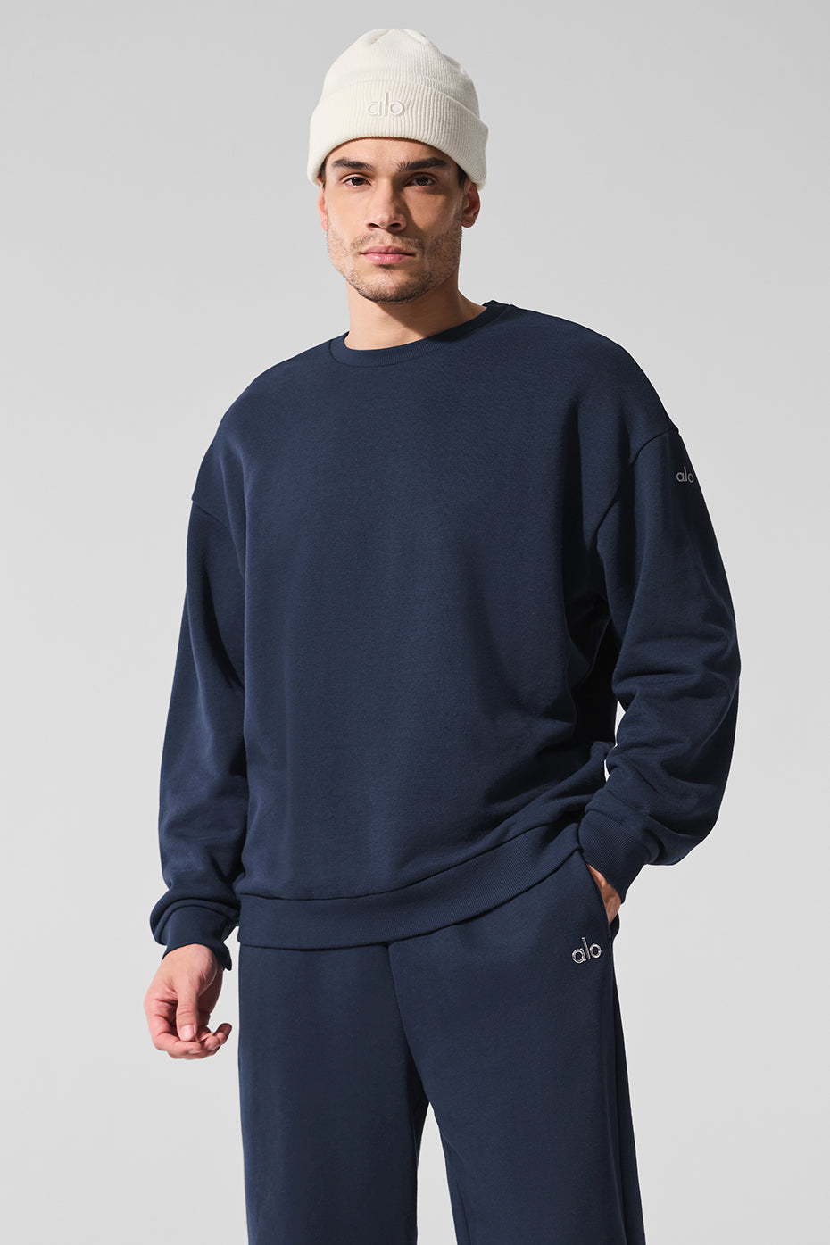 Front view of Navy Chill Crew Neck Pullover showcasing its stylish design.