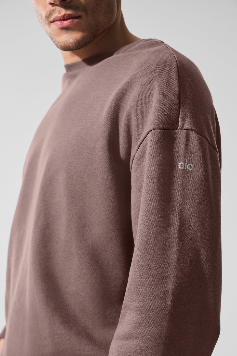 Front view of Chill Crew Neck Pullover in Mushroom, ideal for workouts.