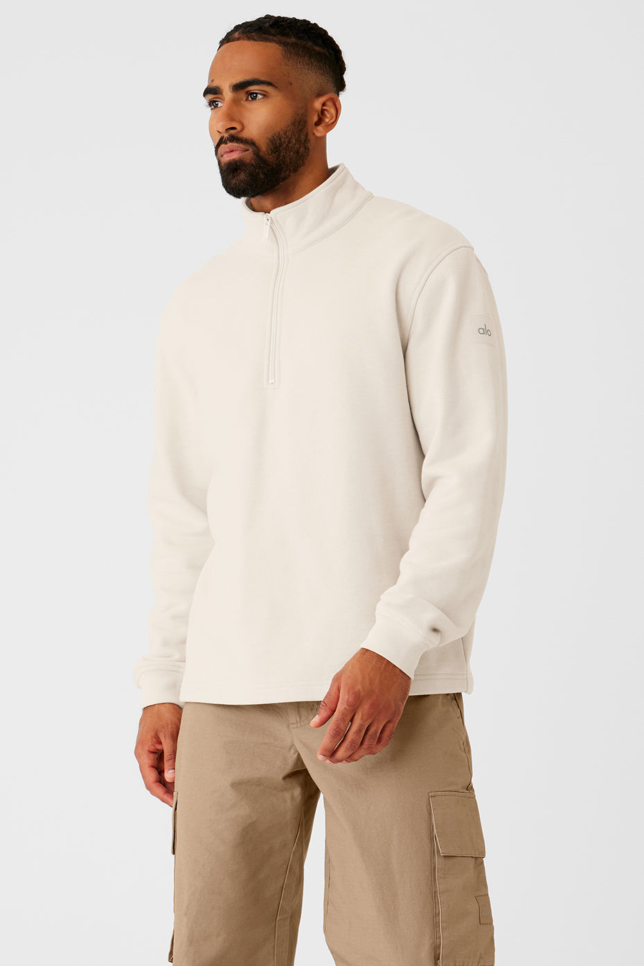 Quarter zip top styled casually with jeans.