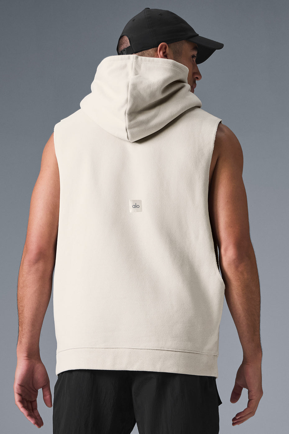 Close-up of the fabric texture on a sleeveless hoodie