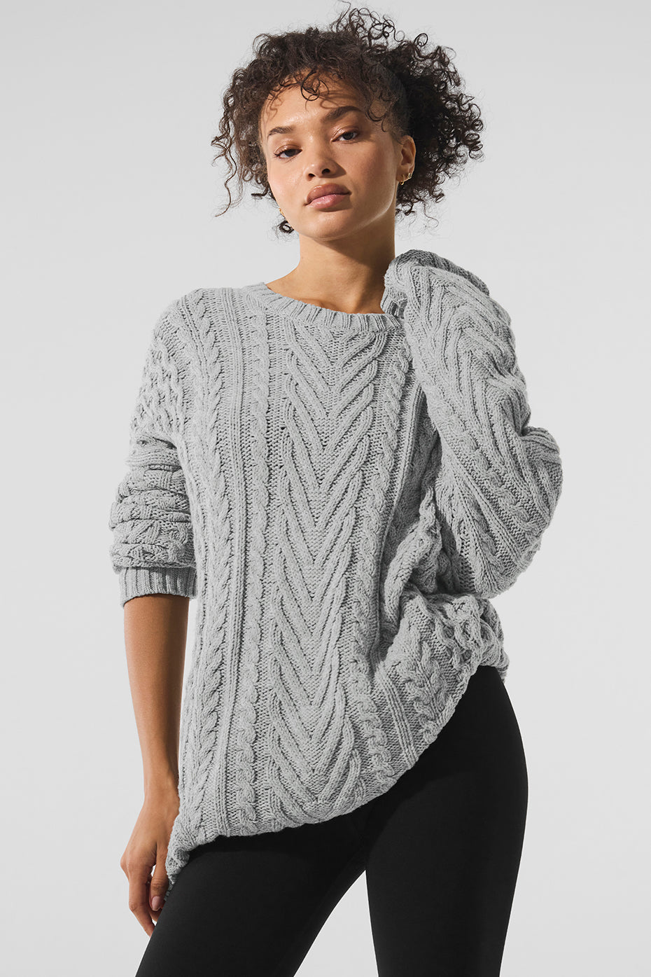 Front view of Ralph Lauren cable knit pullover in heather grey, perfect for casual outings