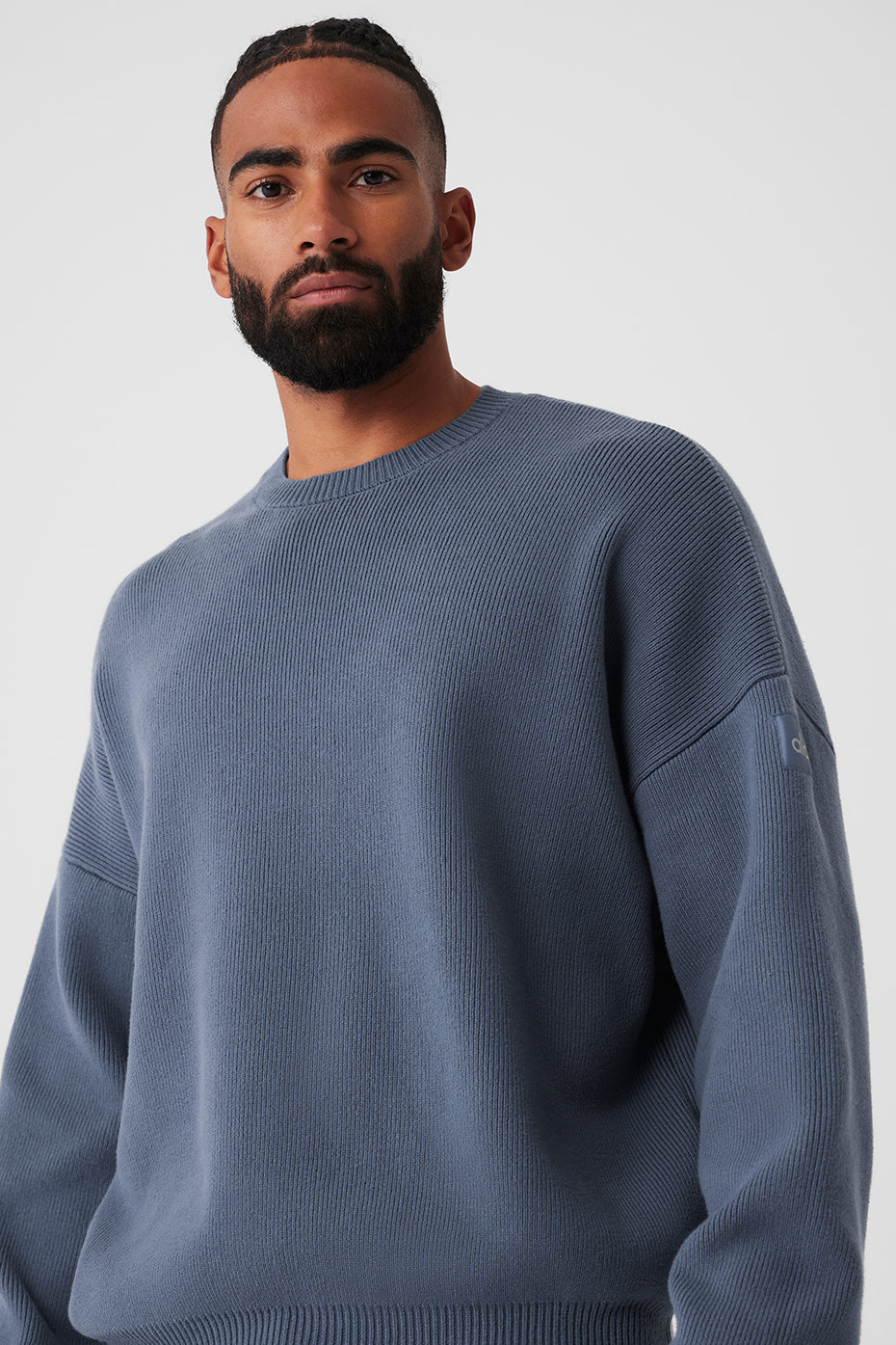 Front view of the oversized crew neck sweater in bluestone.