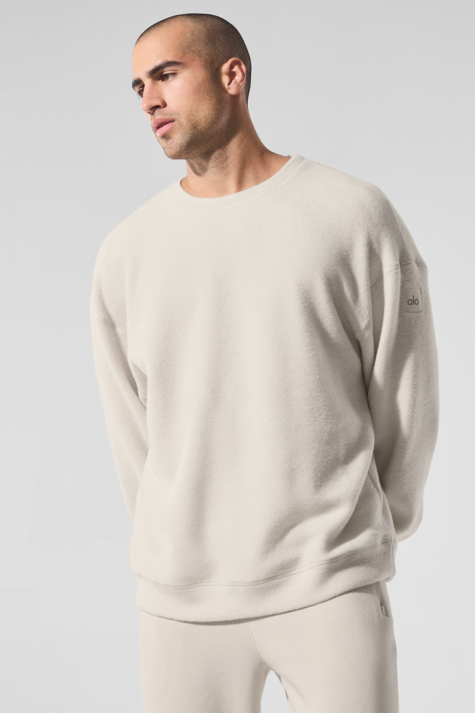 Close-up of the ultra-soft crew neck sweatshirt in a neutral bone shade.