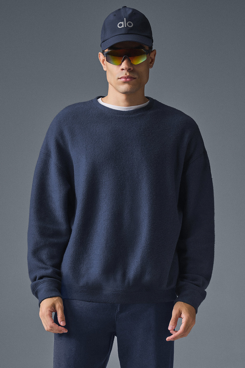 Front view of the Triumph ultra-soft crew neck sweatshirt in navy.