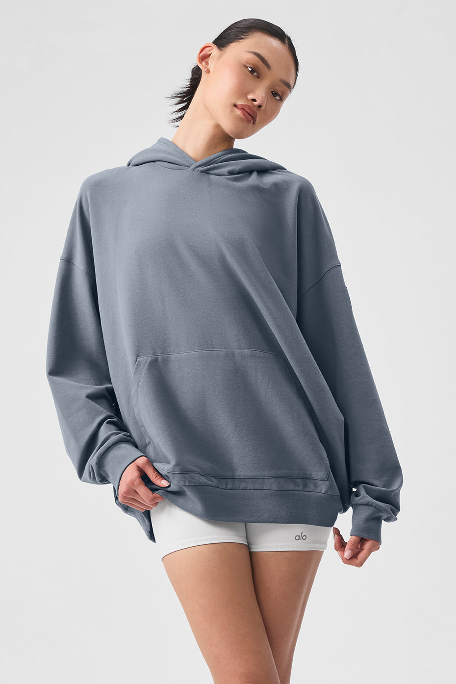 Front view of the Essential Comfort Hoodie in Steel Grey, showcasing its classic fit.