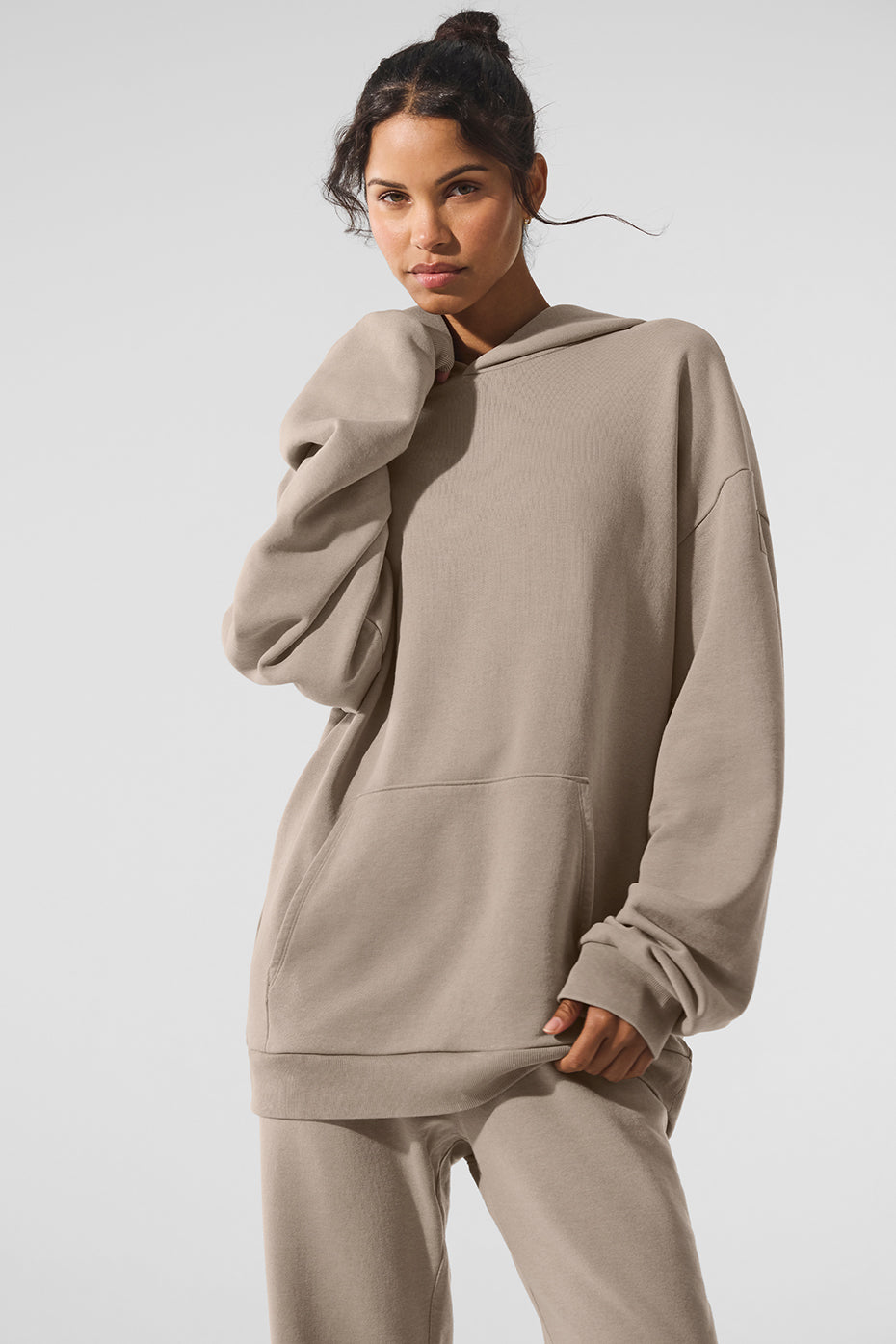 Front view of the oversized vintage hoodie in gravel wash.