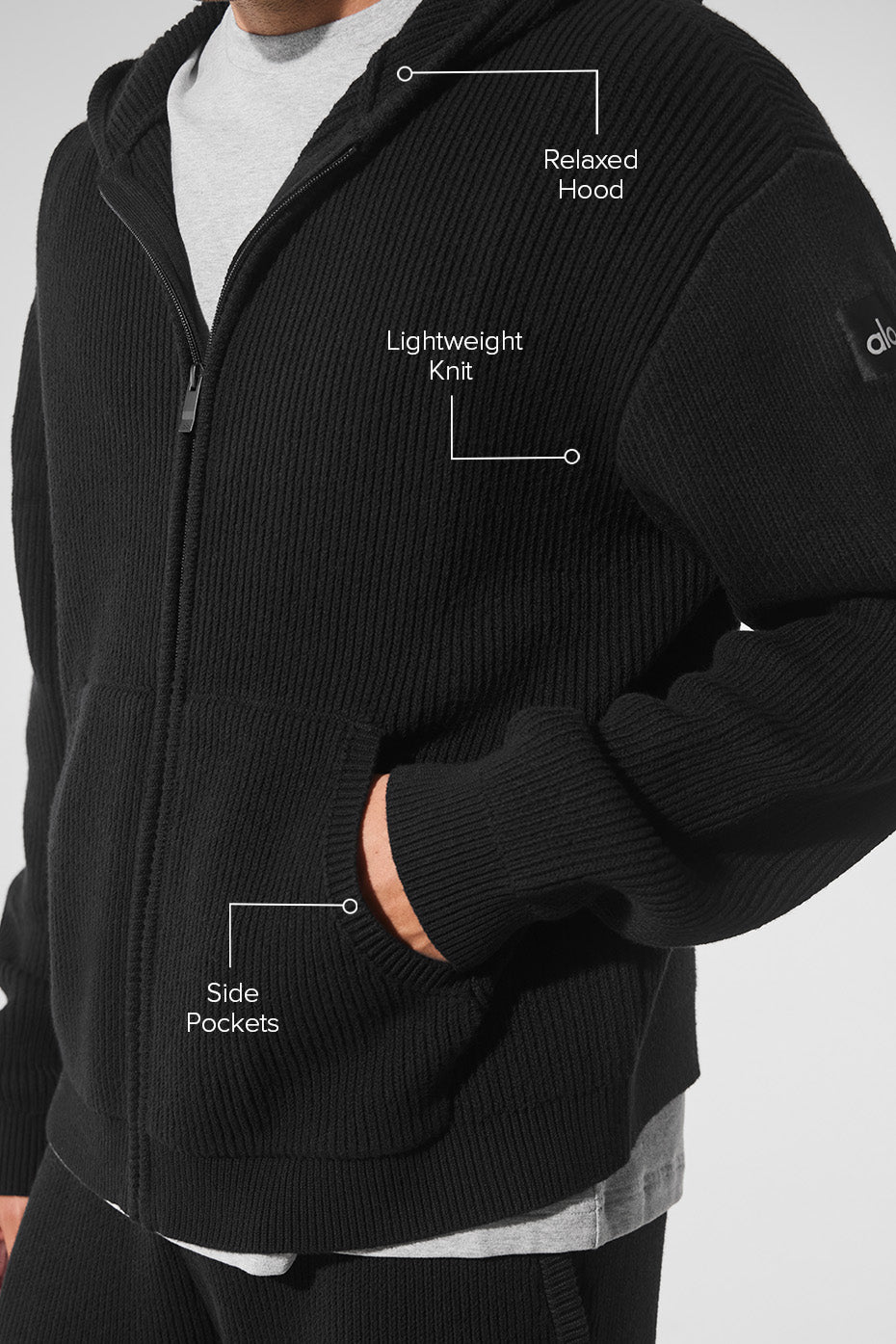 Side view of the mens full zip sweater, highlighting its relaxed fit and stylish design.