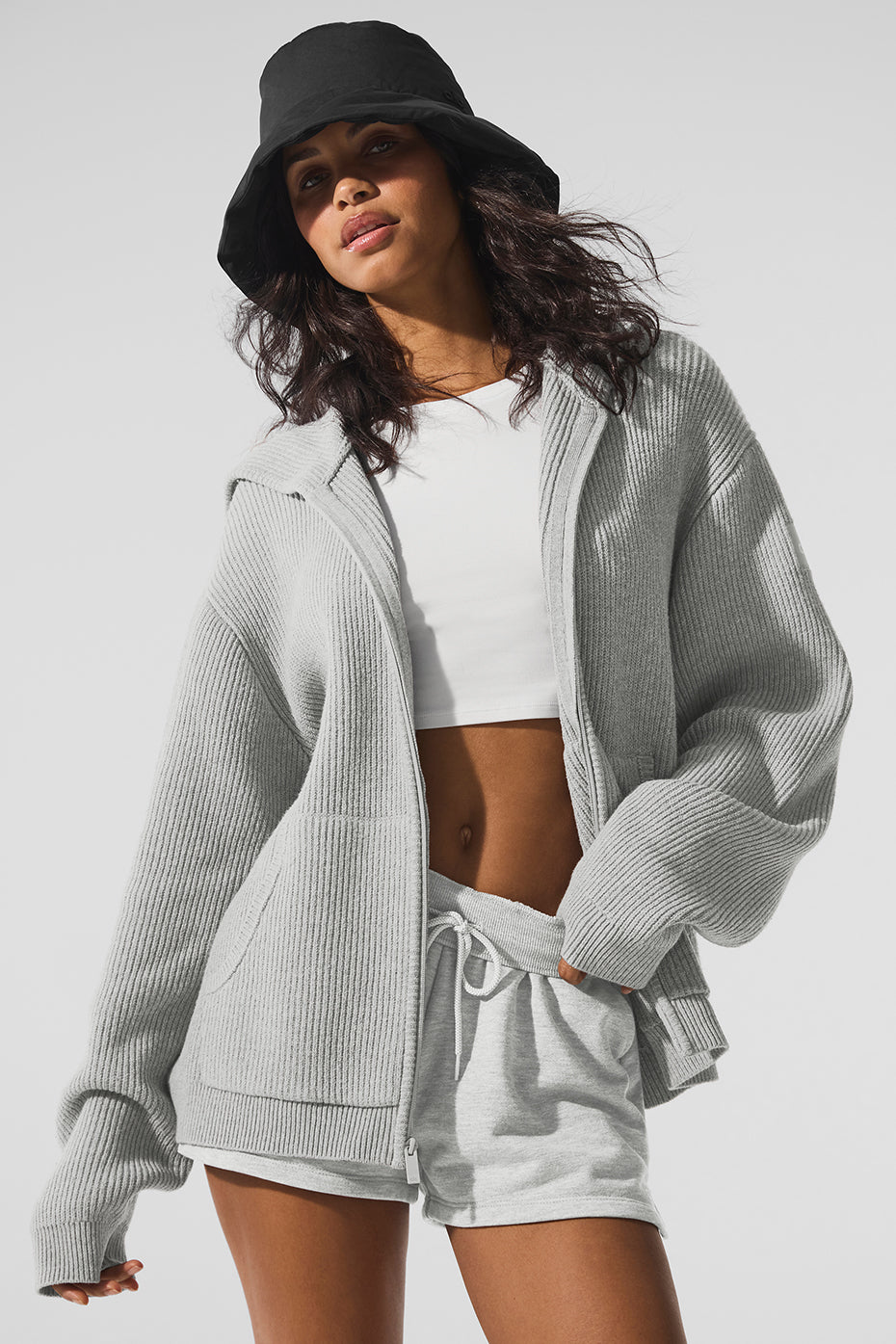 Close-up of the rib knit texture on the full zip sweater for men