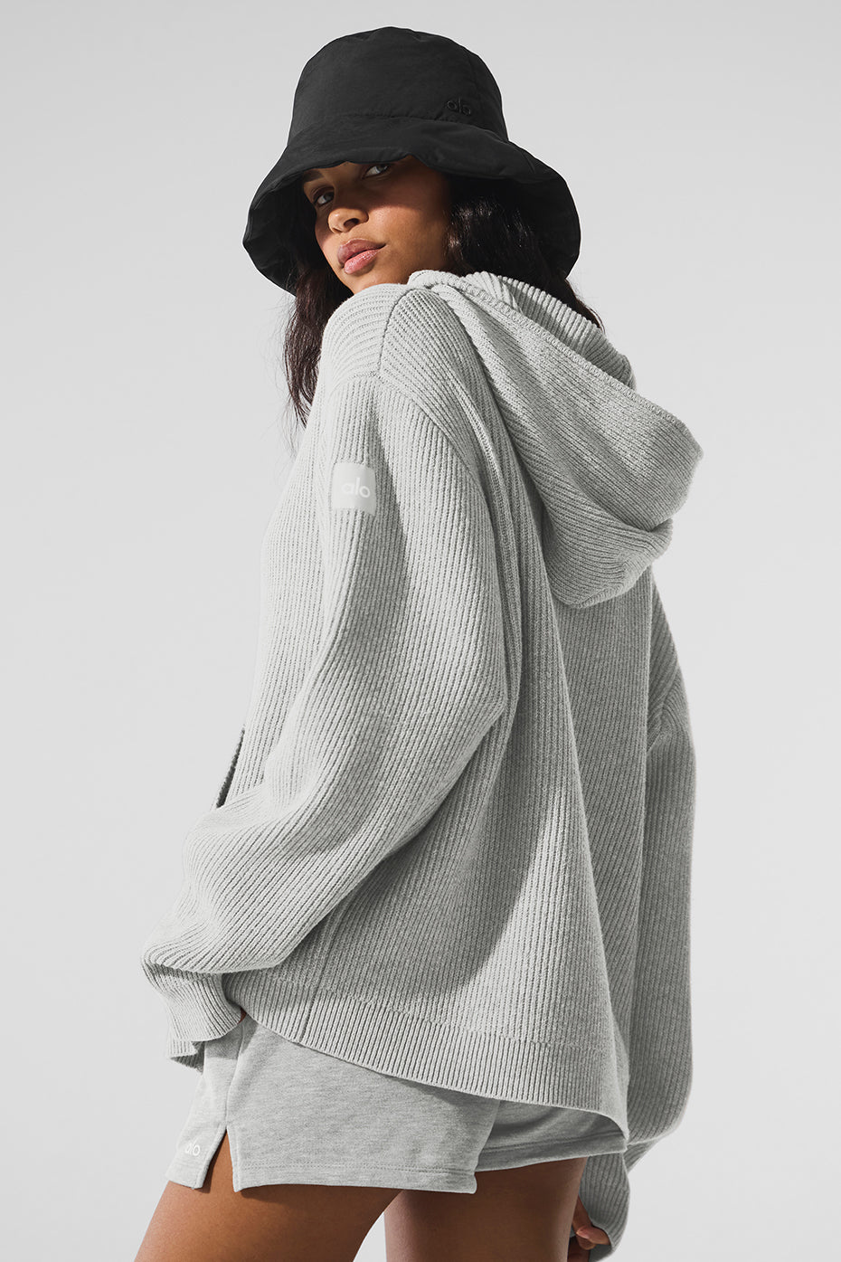 Close-up of the rib knit texture on the full zip sweater for men
