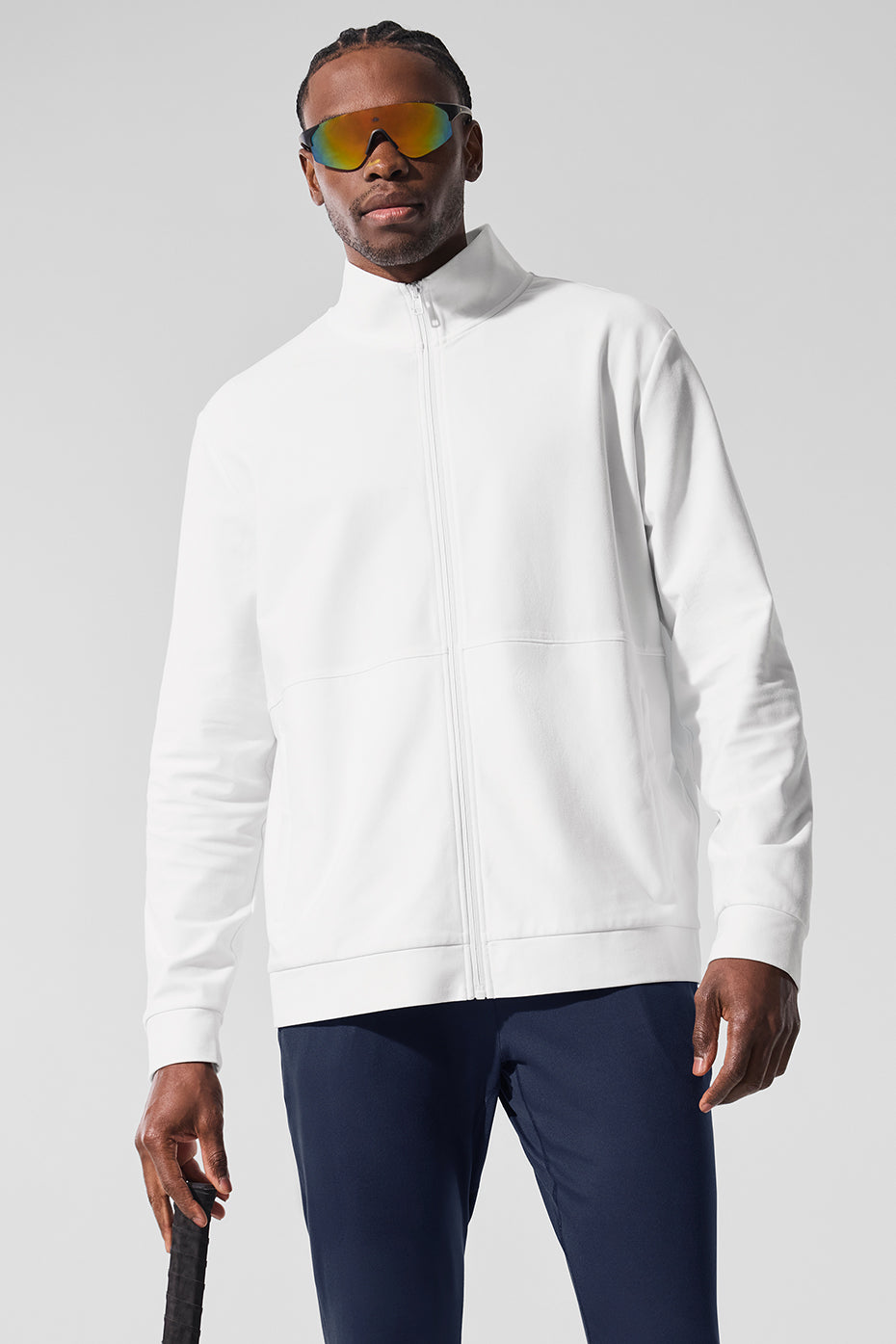 Front view of Conquer Max mock neck full zip hoodie in white, ideal for outdoor activities.