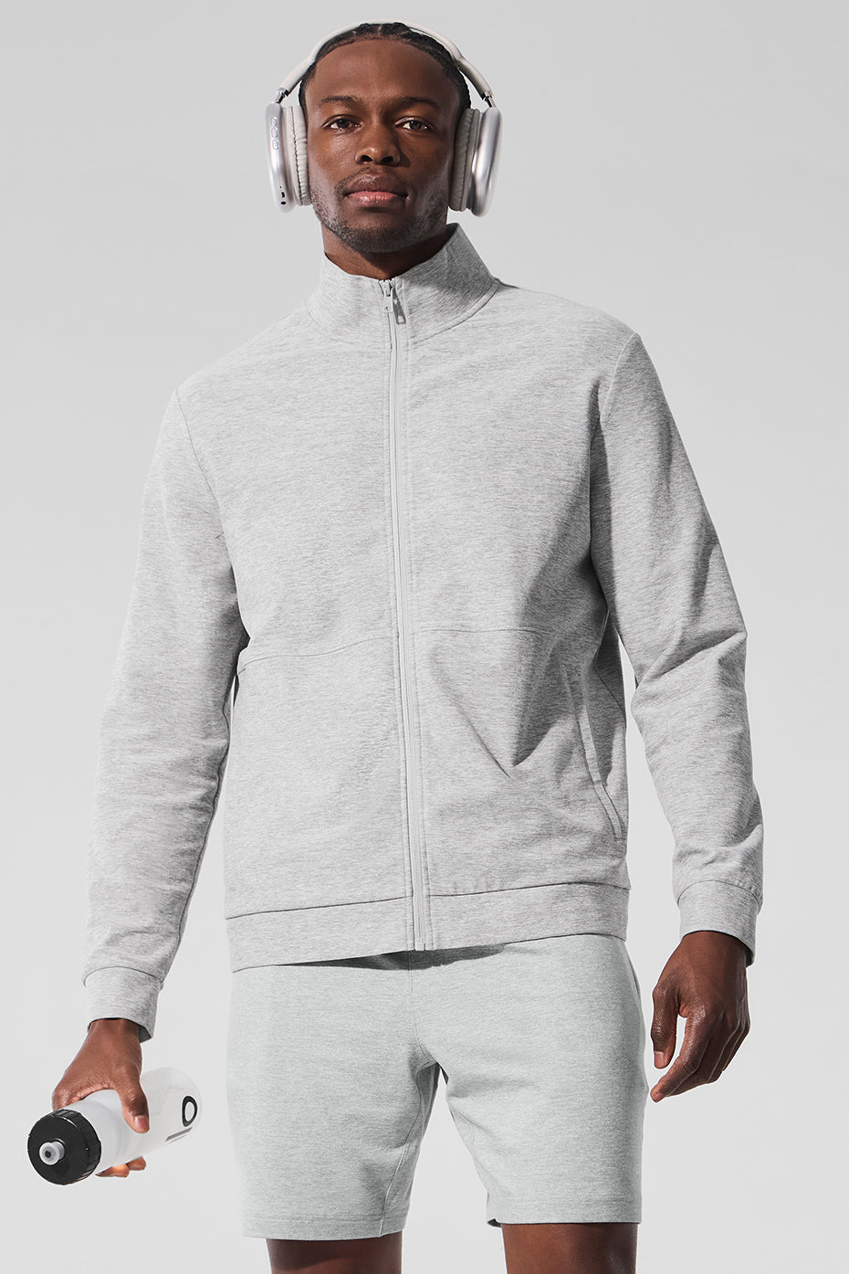 Front view of Conquer Max mock neck pullover sweatshirt in Athletic Heather Grey.