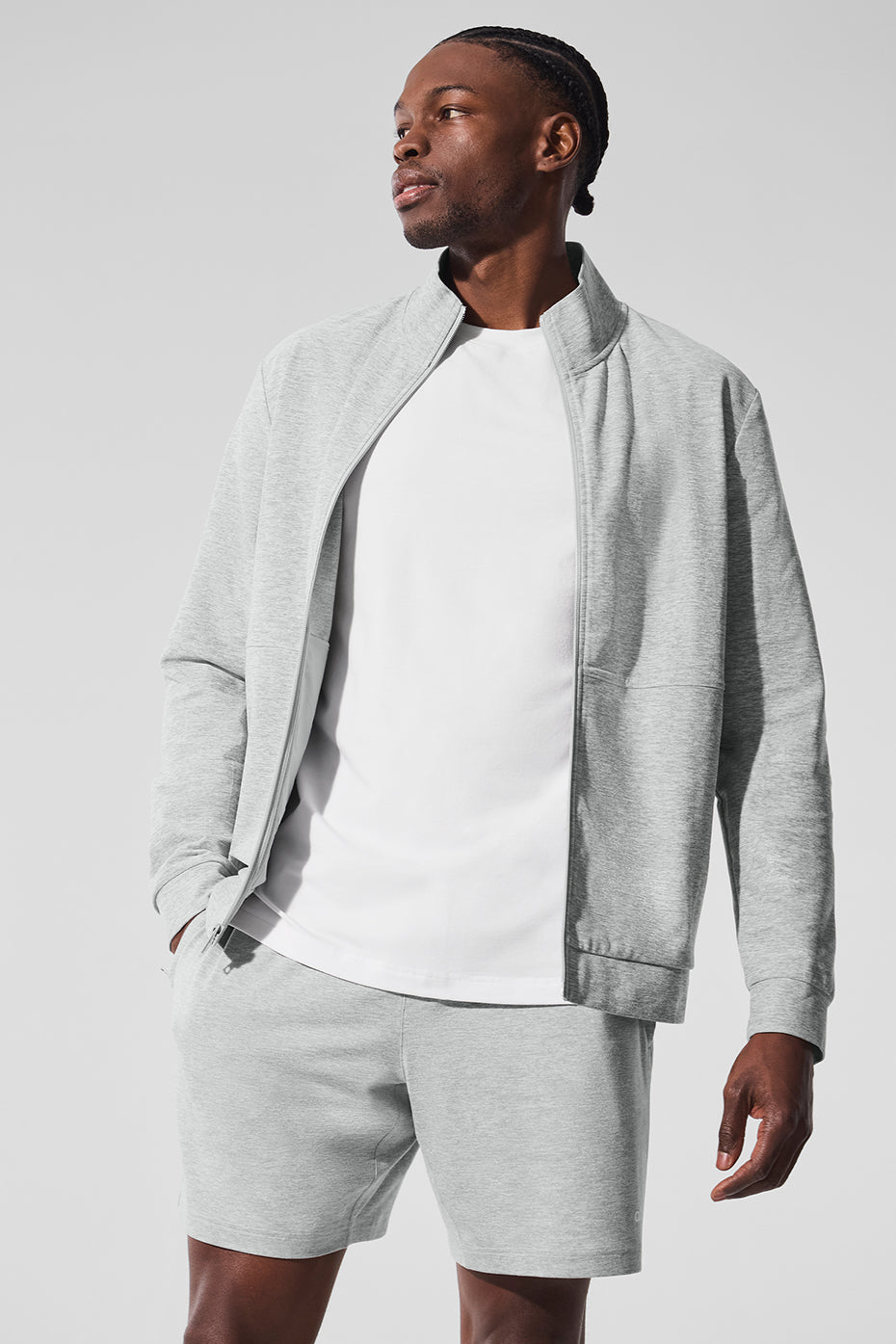 Front view of Conquer Max mock neck pullover sweatshirt in Athletic Heather Grey.