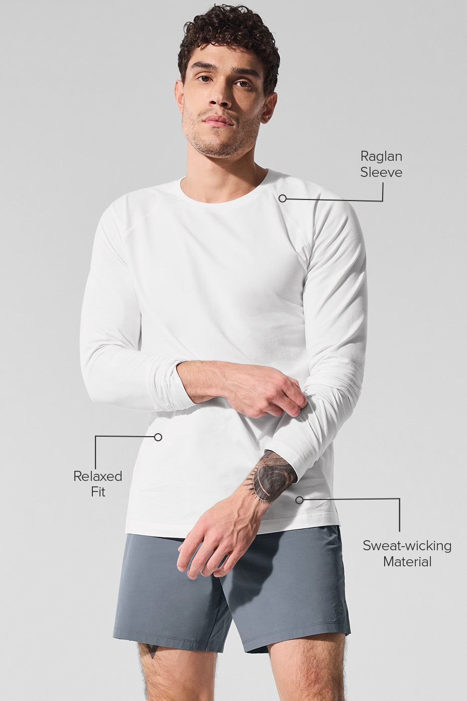 Model wearing the performance wear long sleeve shirt during workout