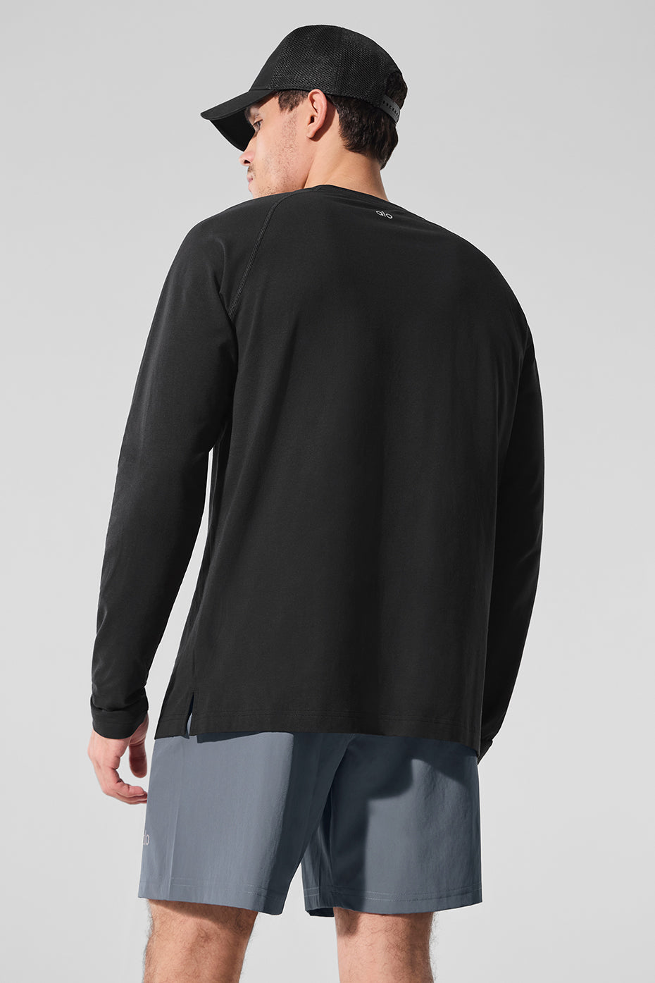 Close-up of the sweat-wicking fabric of the performance shirt for men.