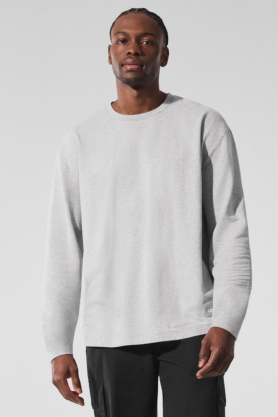 Front view of Essential Athletic Long Sleeve Crew in Heather Grey