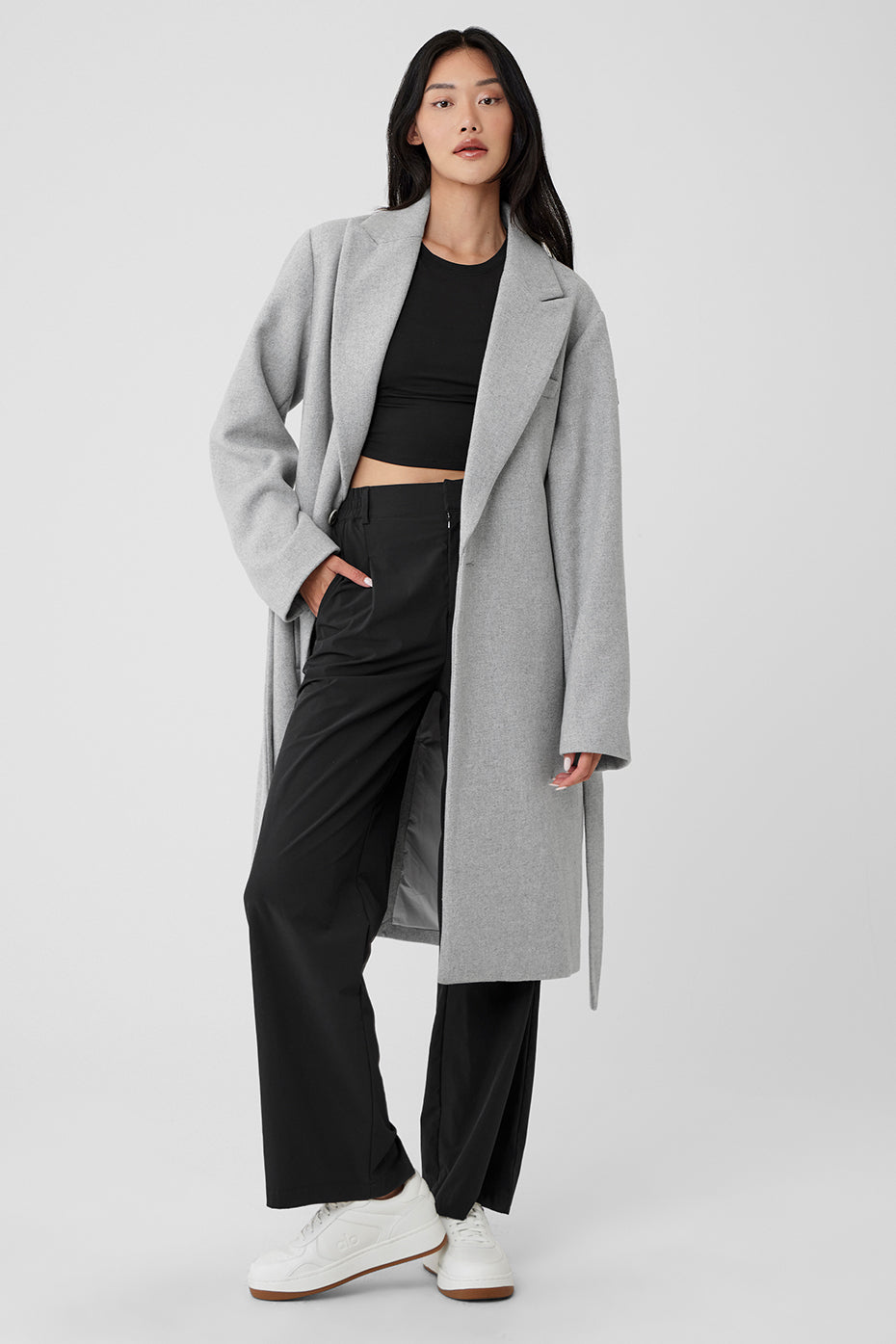 Front view of the Gameday wool coat showcasing its elegant design.