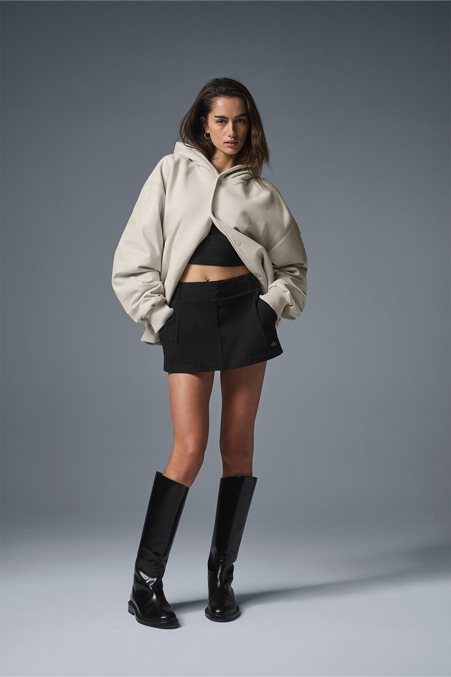 Detail shot of matte snaps and wind-defying fur hood design