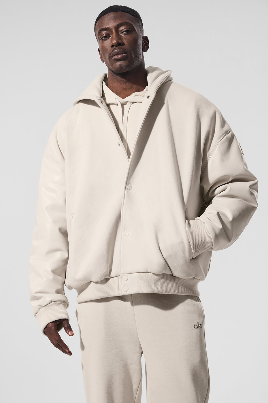 Urban Edge Hooded Bomber Jacket - Bone, front view showcasing its sleek design.