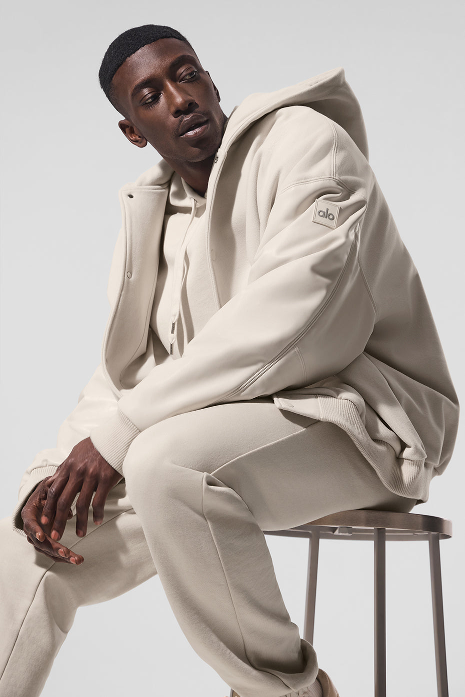 Urban Edge Hooded Bomber Jacket - Bone, front view showcasing its sleek design.