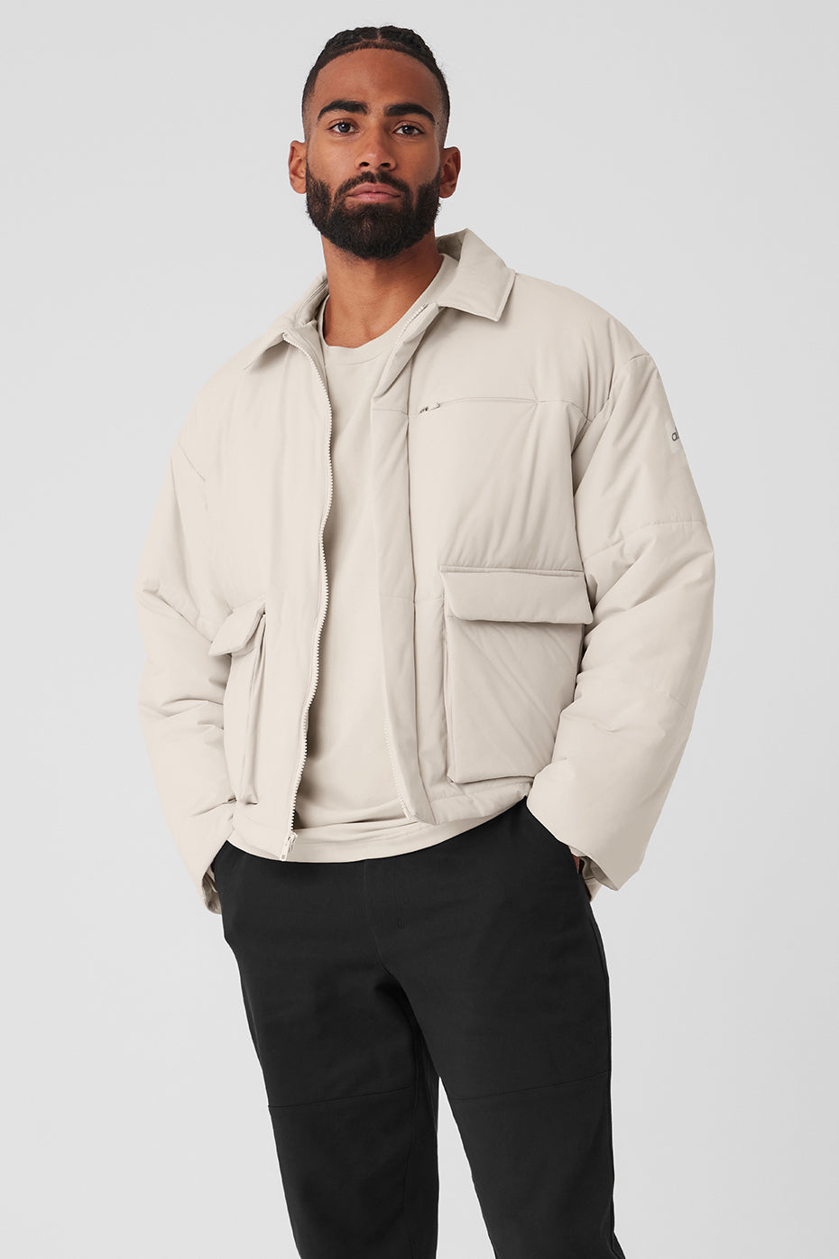 Front view of the Voyage Utility Cargo Jacket in Bone White, showcasing its stylish design.