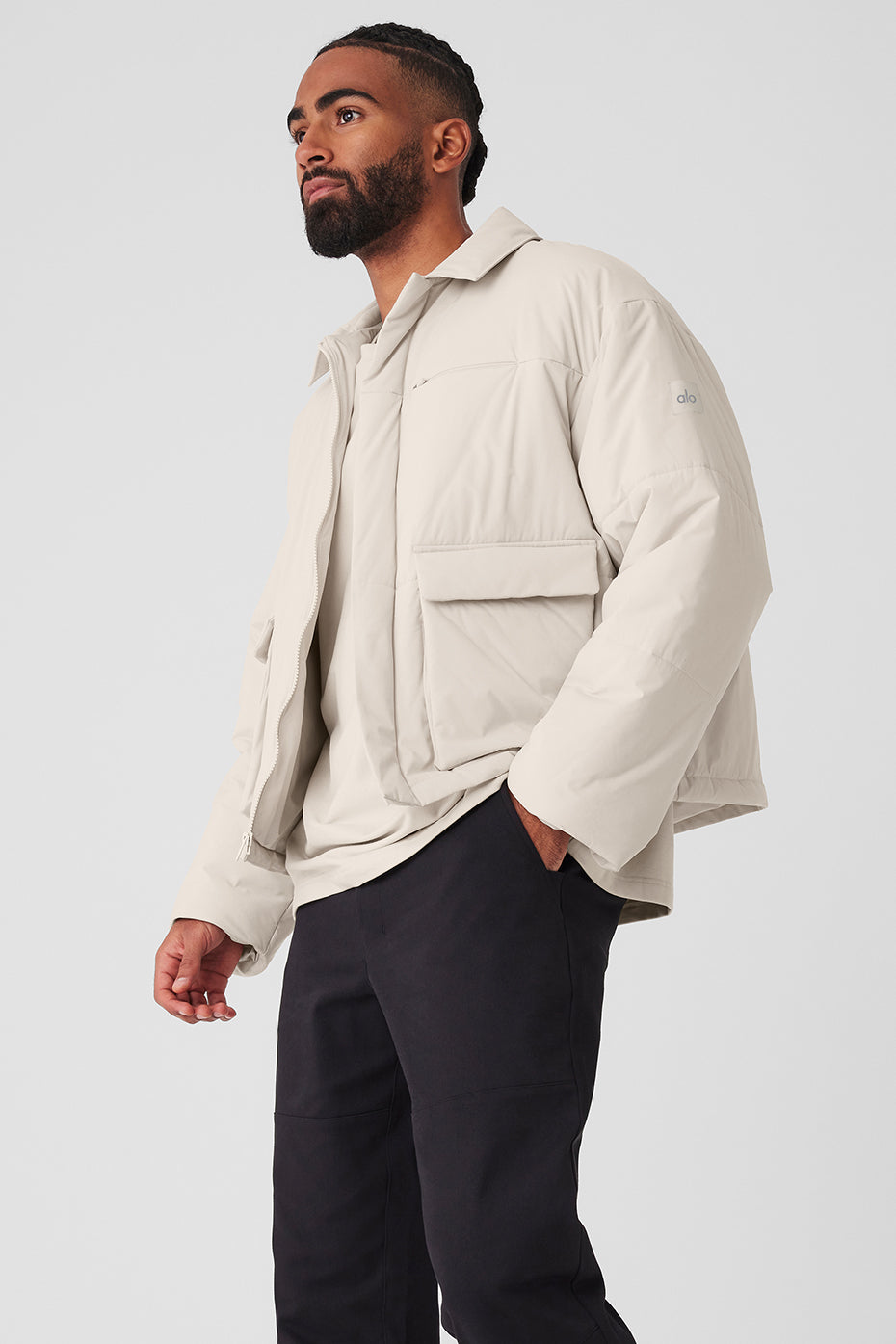 Model wearing the Voyage Utility Cargo Jacket, demonstrating its versatility for casual outings.