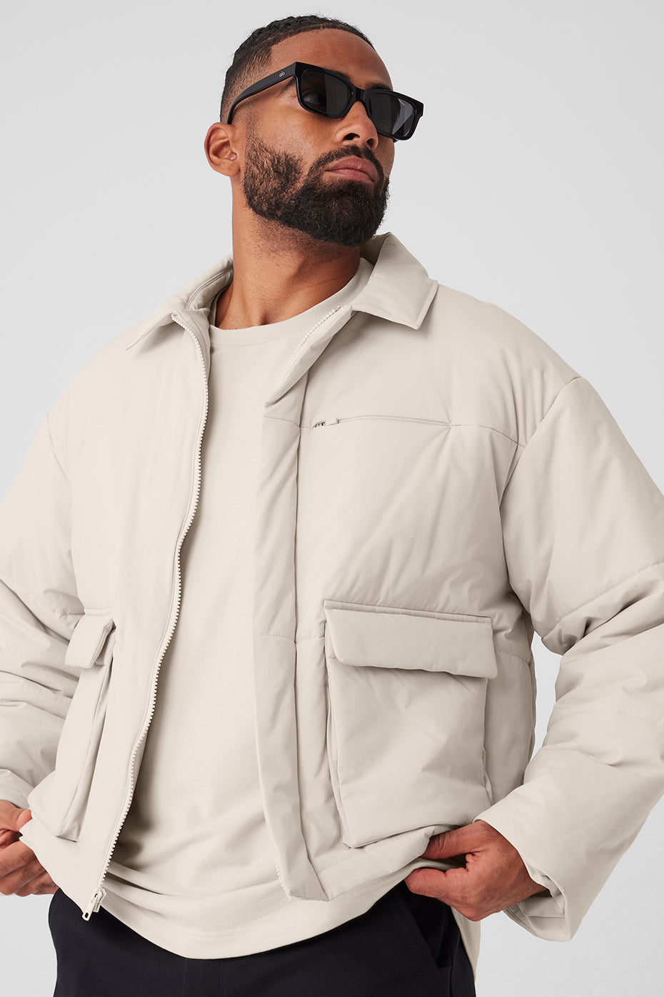 Front view of the Voyage Utility Cargo Jacket in Bone White, showcasing its stylish design.
