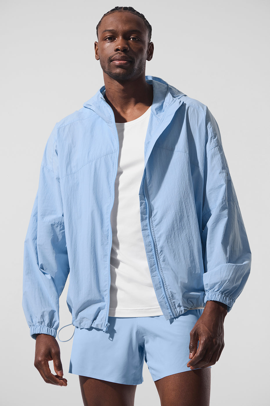 Close-up of waterproof nylon running jacket zipper detail