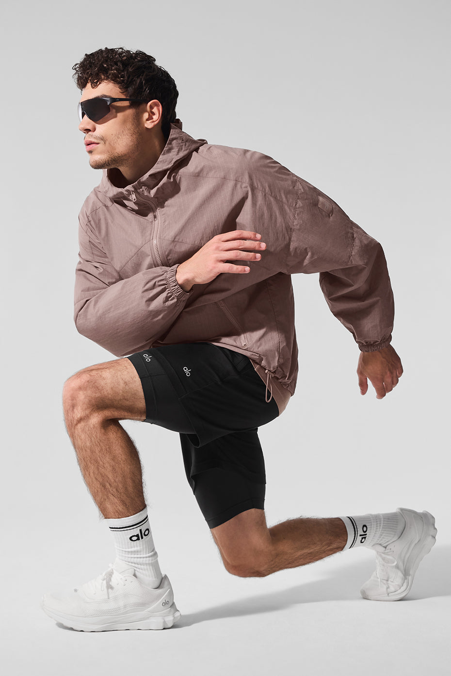 Front view of Vantage mens water resistant running jacket in mushroom color.