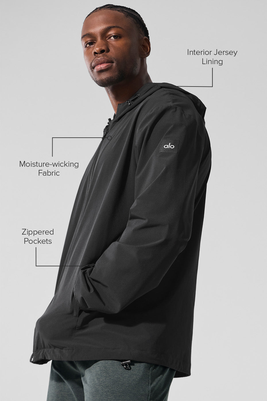 Front view of the moisture-wicking jacket in an urban setting.