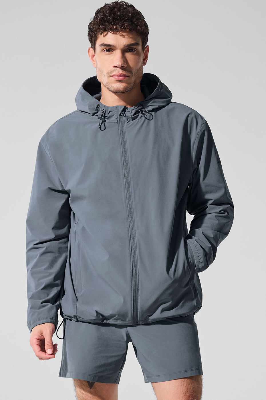 Close-up view of the Steel Grey performance jacket showcasing its fabric.