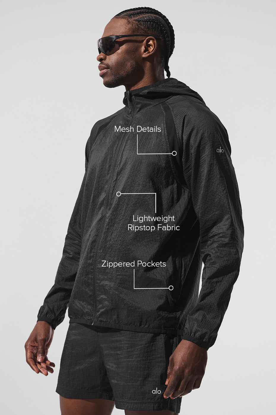 Back mesh detail of breathable jacket on male model outdoors