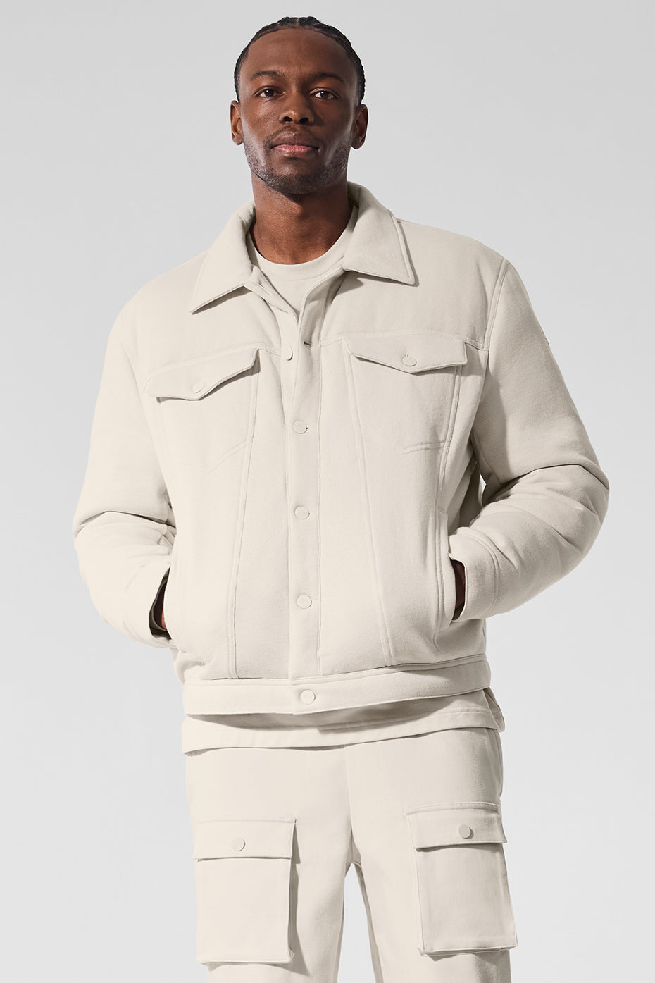 Side view of the Chill Ease Trucker Jacket, highlighting the pockets and fit.