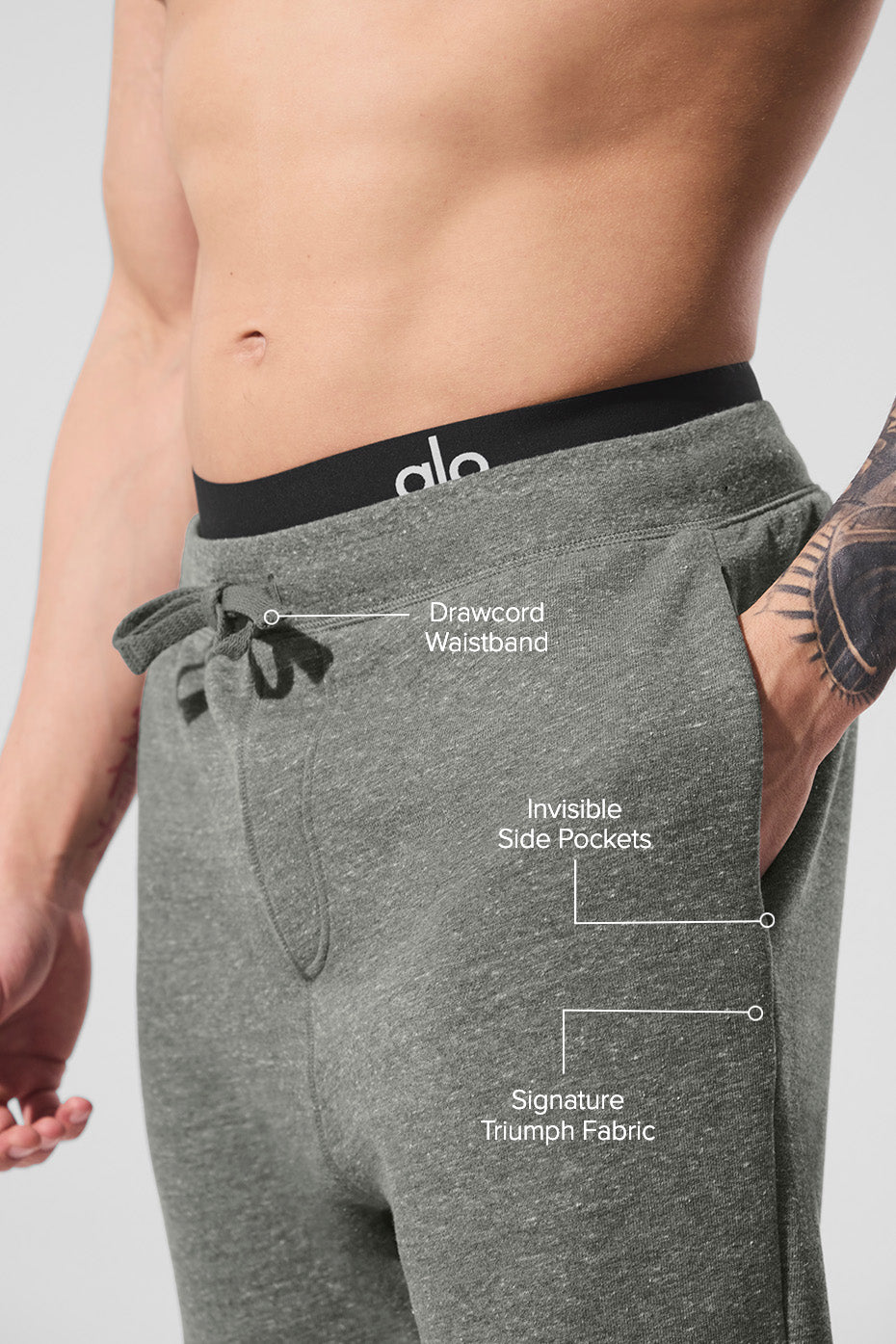 Detail of the fitted rib panels on the calves of the grey sweatpants