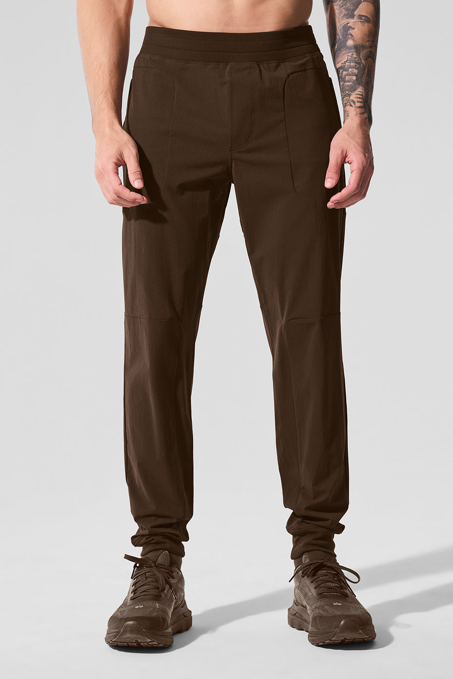 Close-up of Roundtree & Yorke performance active pants showcasing water-repellent fabric.