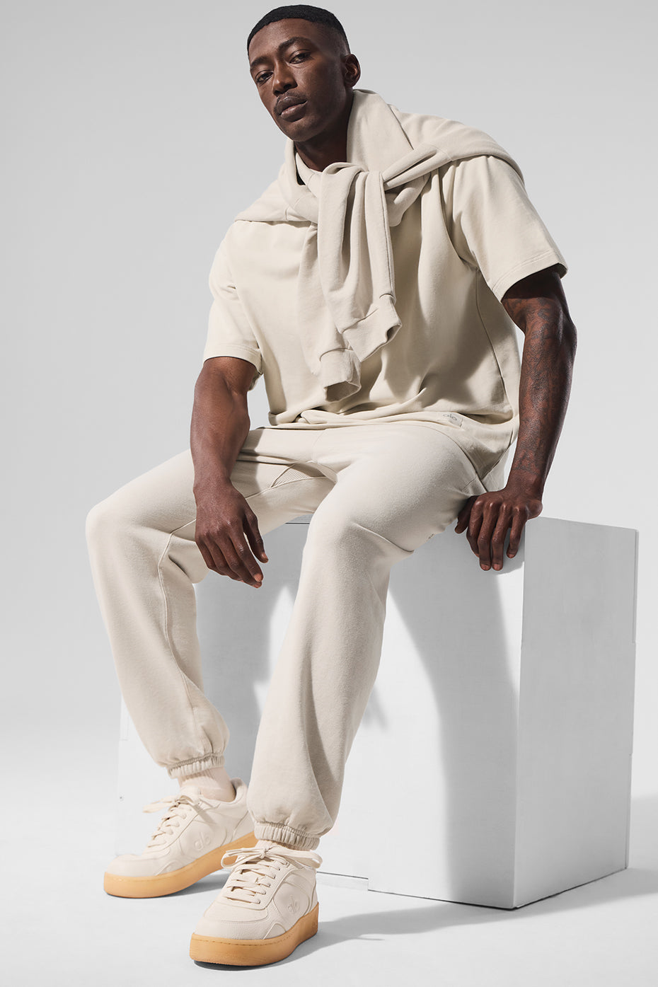 Close-up of the French terry fabric and side pocket details