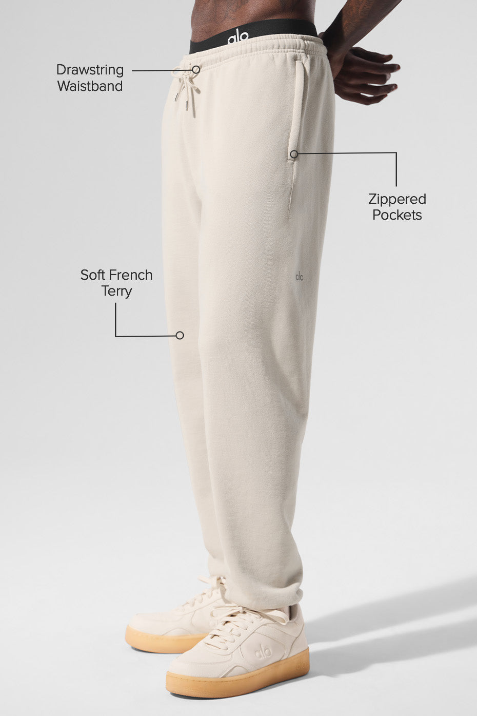 Close-up of the French terry fabric and side pocket details