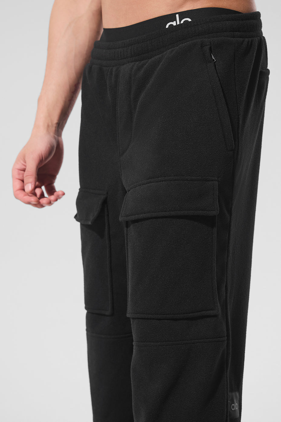Front shot of mens fleece lined cargo pant paired with hoodie