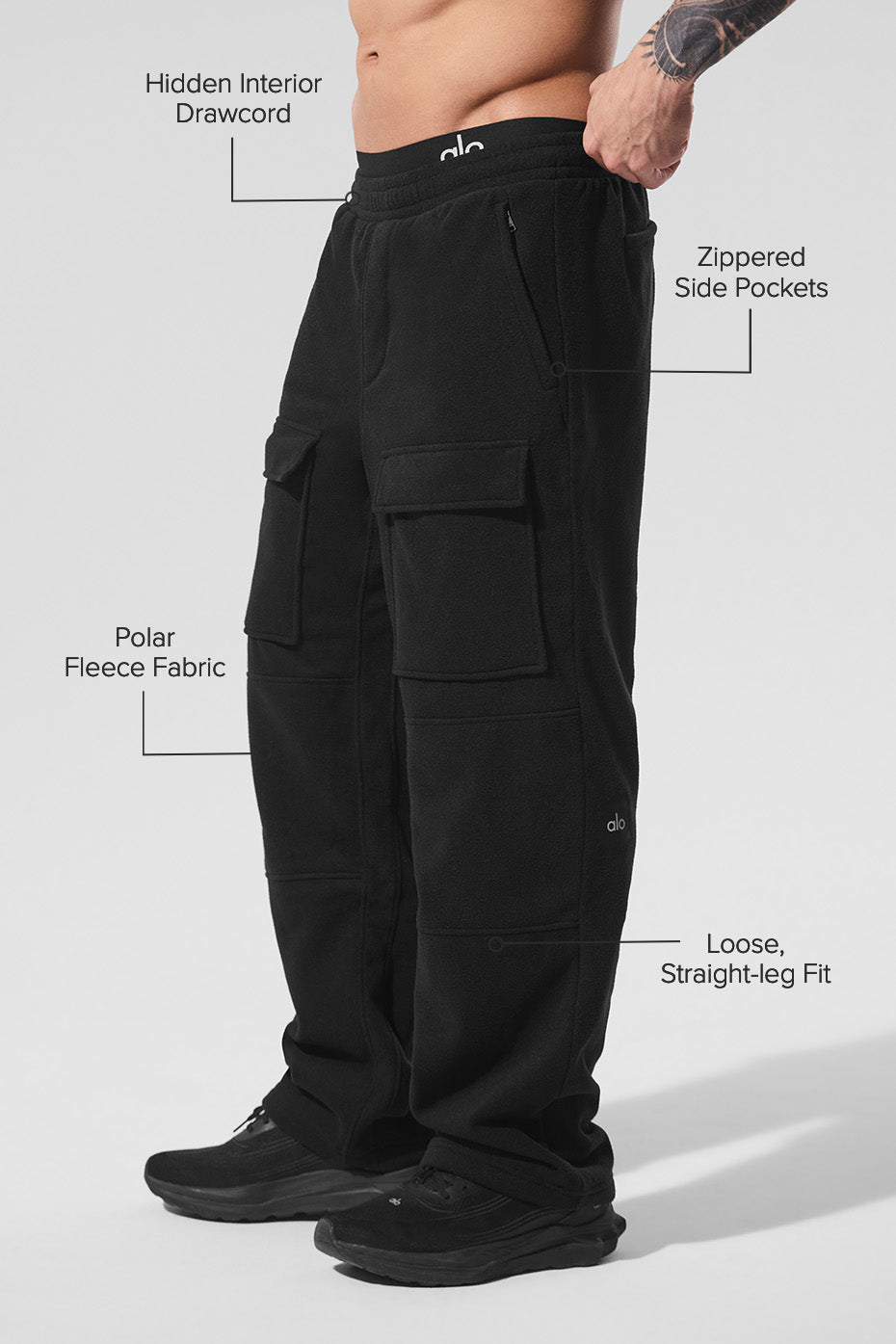 Front shot of mens fleece lined cargo pant paired with hoodie