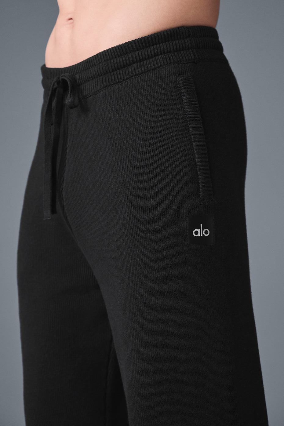Close-up of the camo wide leg sweatpants highlighting the fabric and texture.
