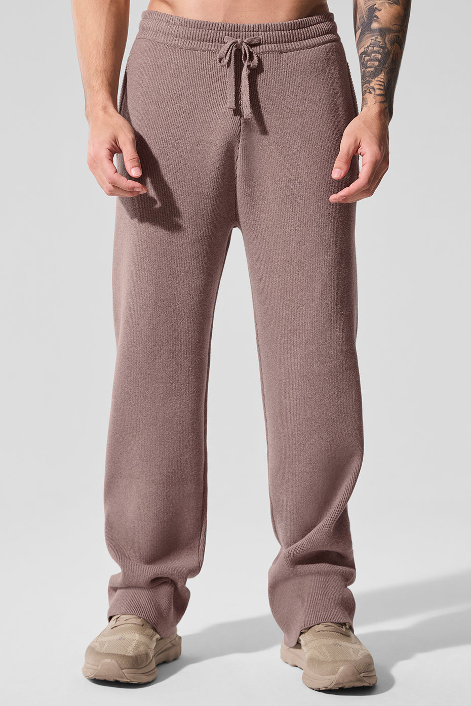 Front view of mushroom heather sweatpants showcasing the straight leg design.