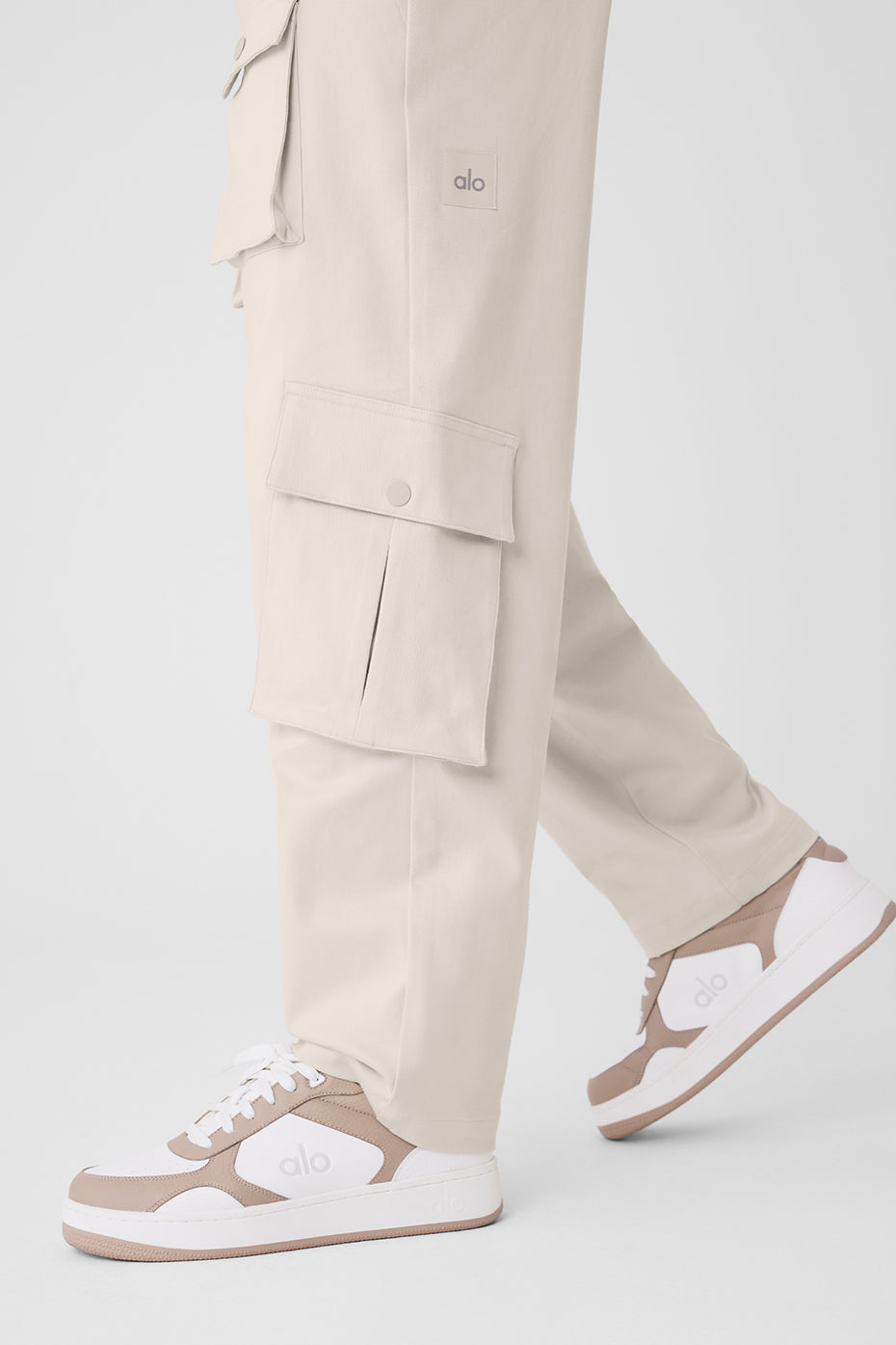 Side view of Y2K cargo pants, demonstrating the roomy straight-leg design.