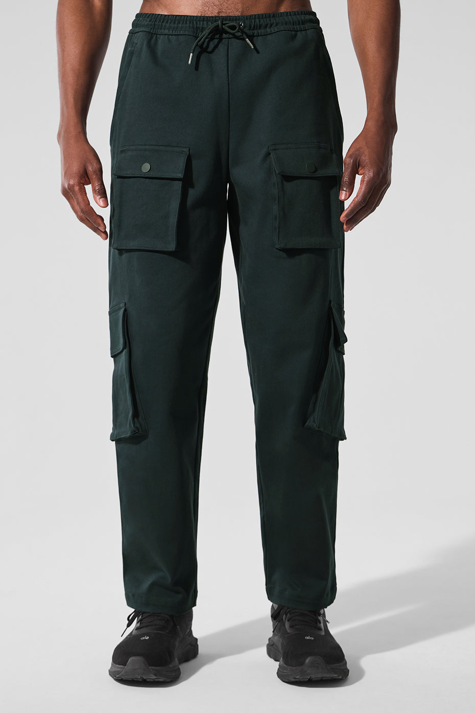 Charcoal Green cargo pants showcasing the elastic waist and drawstring.