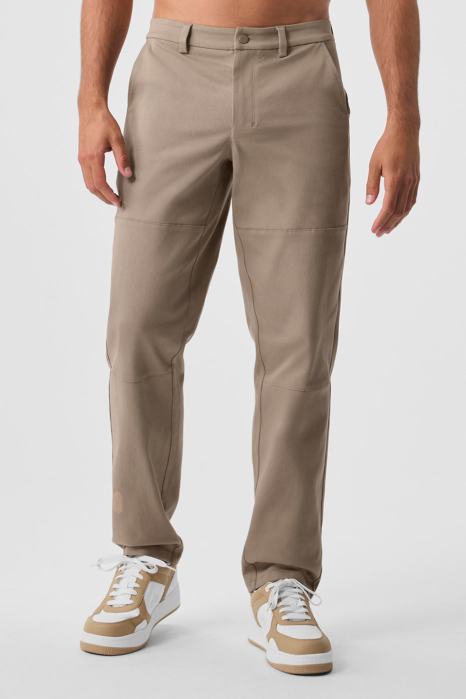 Front view of sueded cotton twill pants in gravel, suitable for casual outings.
