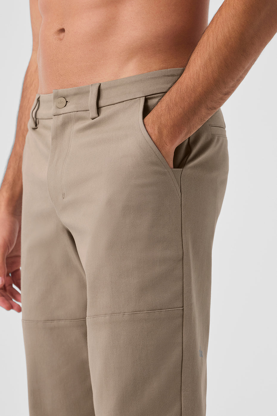 Front view of sueded cotton twill pants in gravel, suitable for casual outings.