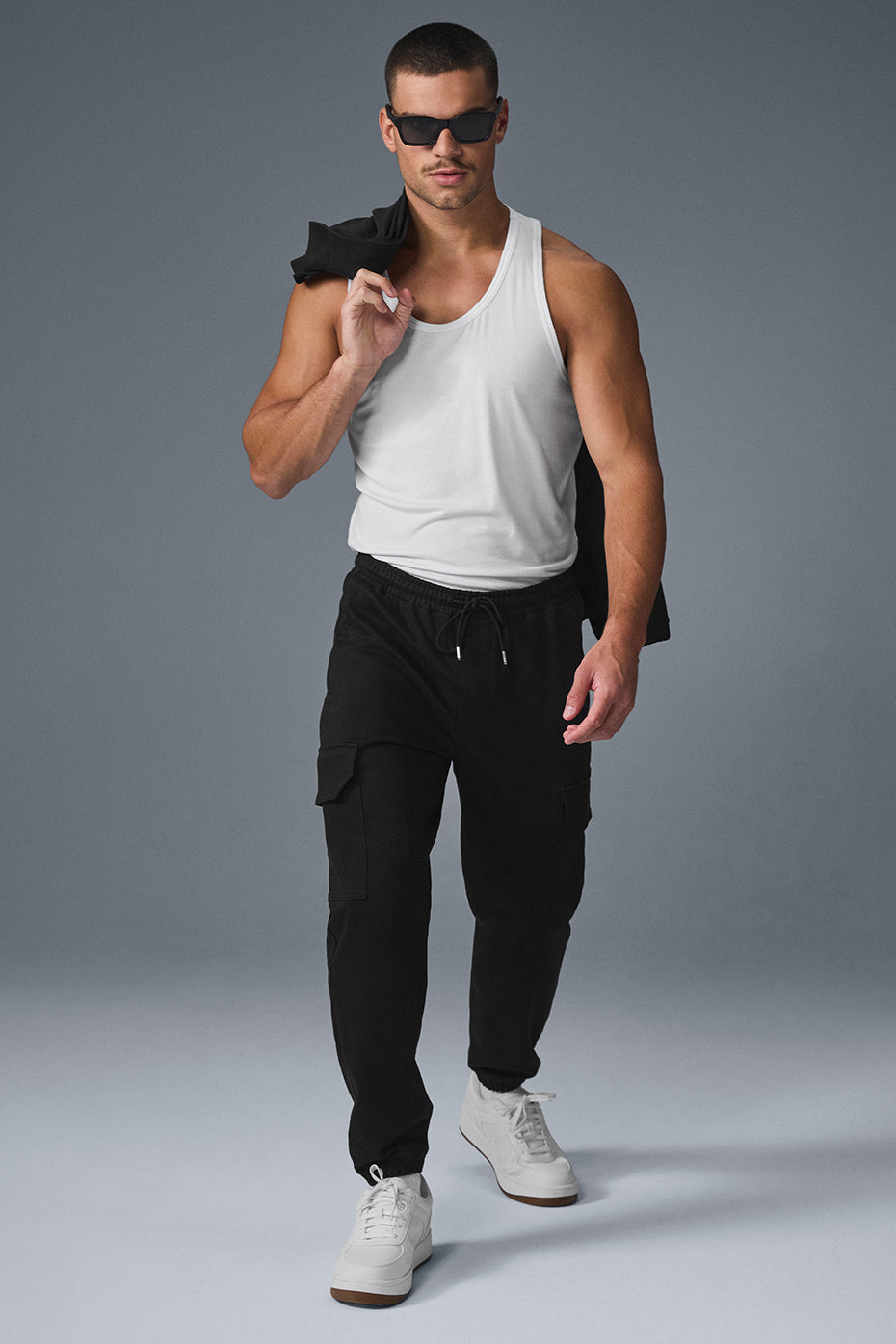 Black sueded joggers showcasing a comfortable fit and drawcord waist.